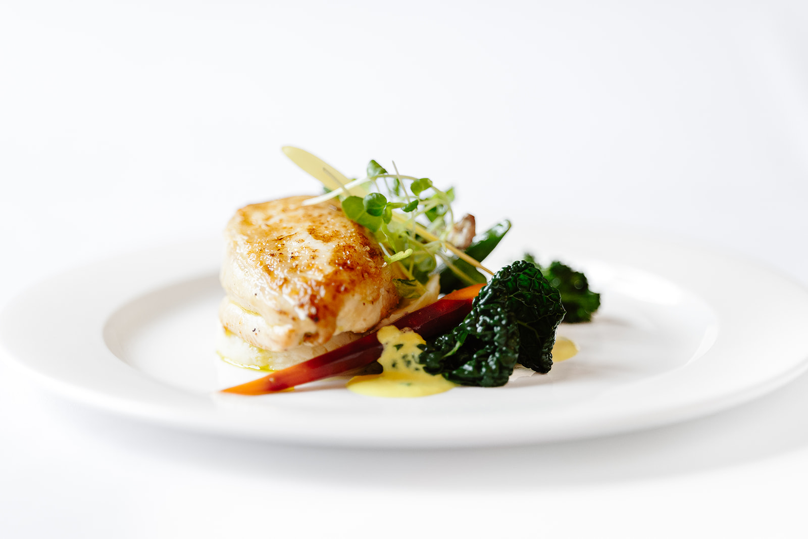 A plated dish featuring a piece of grilled chicken breast, garnished with microgreens, carrots, kale, apple slices, and a drizzle of yellow sauce on a white plate.